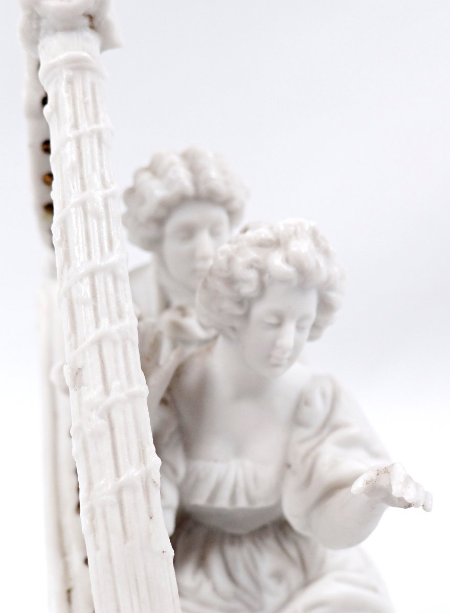 Groupe en biscuit de porcelaine XIXe scène galante à la harpe style Louis XVI-photo-4