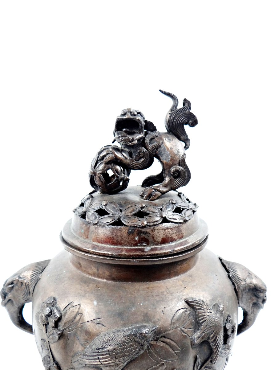 Encensoir brûle parfum chinois au lion de Fo et oiseaux Japonais ère Meiji XIXe (1868-1912)-photo-2