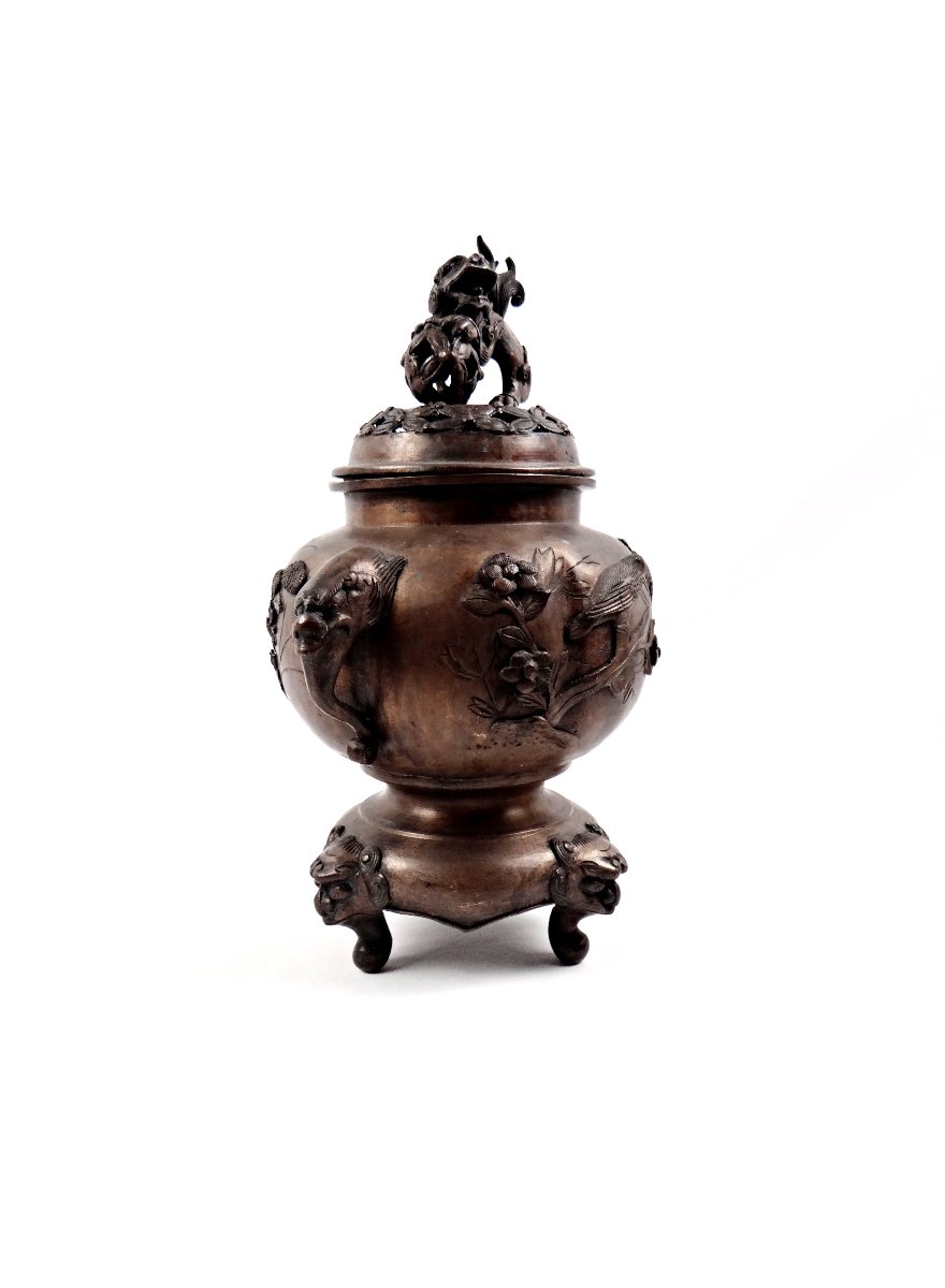 Encensoir brûle parfum chinois au lion de Fo et oiseaux Japonais ère Meiji XIXe (1868-1912)-photo-1