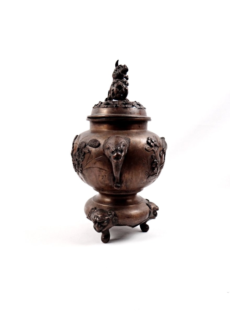 Encensoir brûle parfum chinois au lion de Fo et oiseaux Japonais ère Meiji XIXe (1868-1912)-photo-2