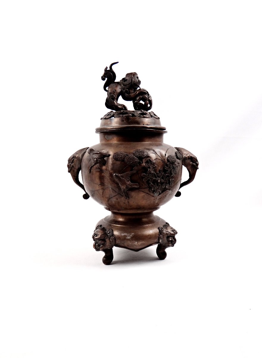 Encensoir brûle parfum chinois au lion de Fo et oiseaux Japonais ère Meiji XIXe (1868-1912)-photo-4