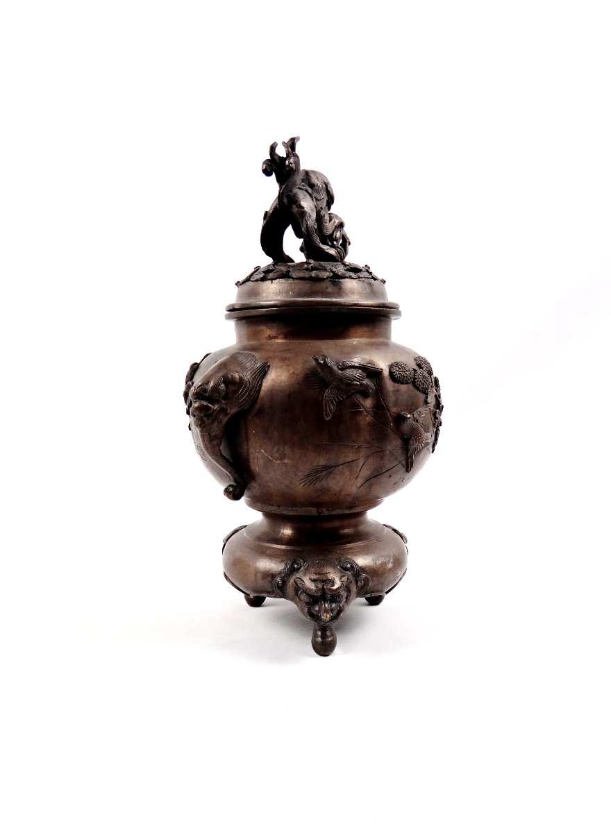 Encensoir brûle parfum chinois au lion de Fo et oiseaux Japonais ère Meiji XIXe (1868-1912)-photo-5
