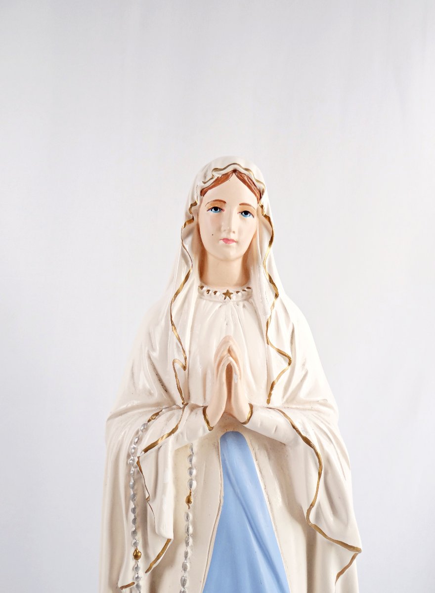 Statue Art Deco Notre-Dame de Lourdes en plâtre polychrome signée Alban Pene-photo-2