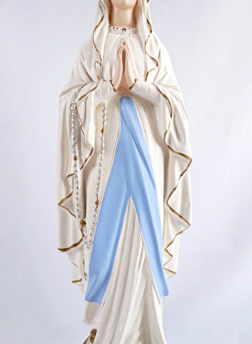 Statue Art Deco Notre-Dame de Lourdes en plâtre polychrome signée Alban Pene-photo-3