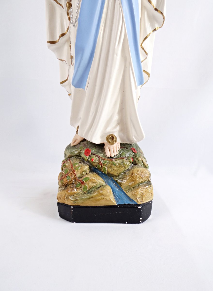 Statue Art Deco Notre-Dame de Lourdes en plâtre polychrome signée Alban Pene-photo-4