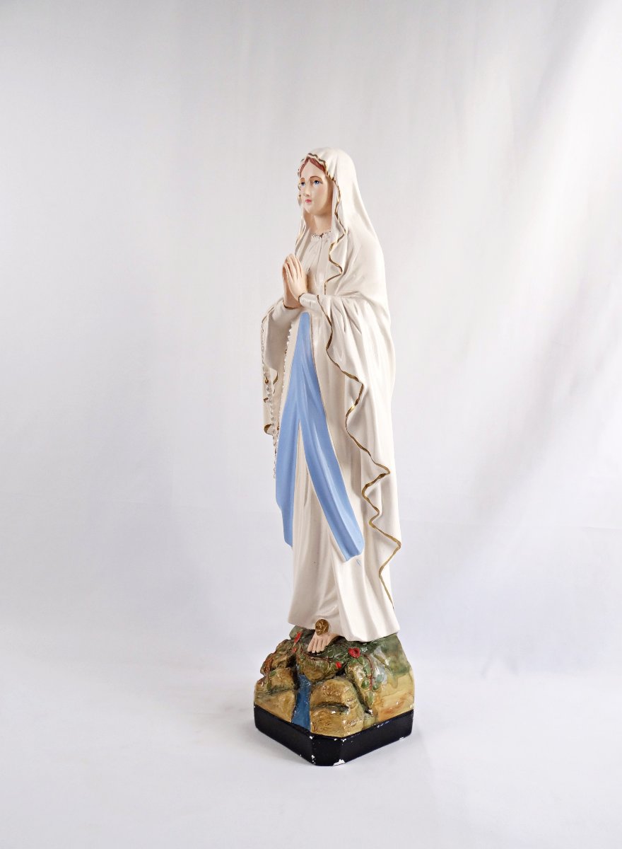 Statue Art Deco Notre-Dame de Lourdes en plâtre polychrome signée Alban Pene-photo-1