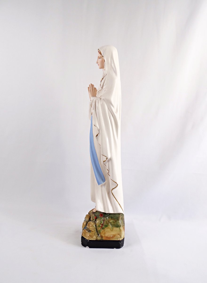 Statue Art Deco Notre-Dame de Lourdes en plâtre polychrome signée Alban Pene-photo-2