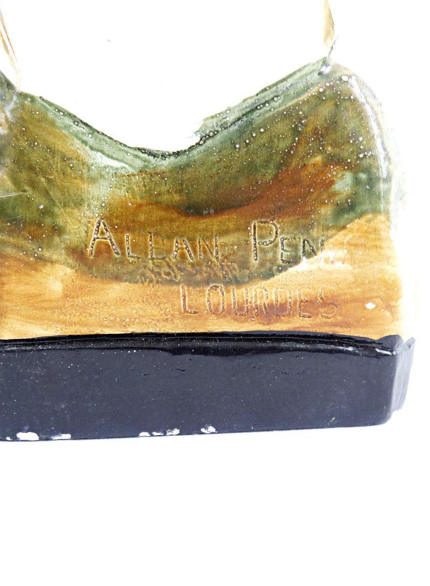 Statue Art Deco Notre-Dame de Lourdes en plâtre polychrome signée Alban Pene-photo-4