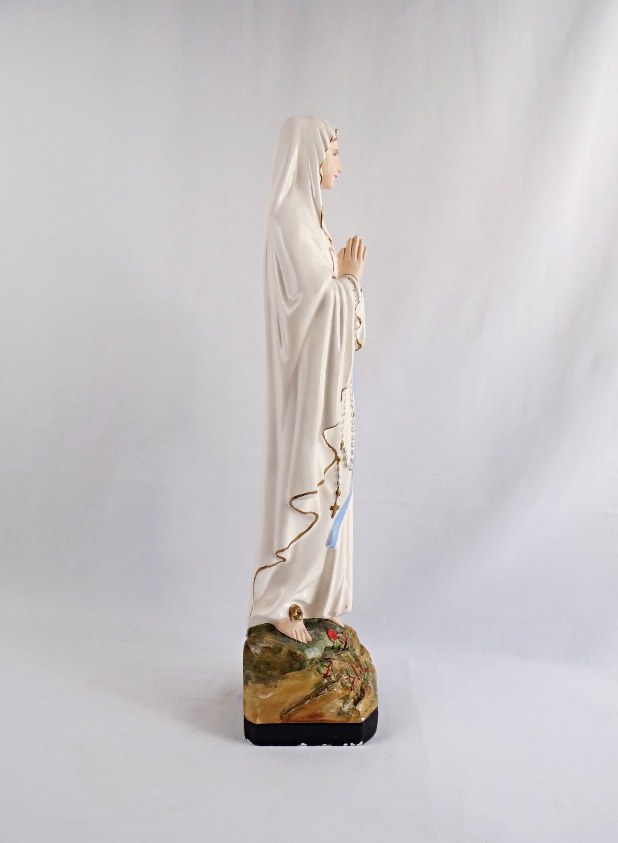 Statue Art Deco Notre-Dame de Lourdes en plâtre polychrome signée Alban Pene-photo-5