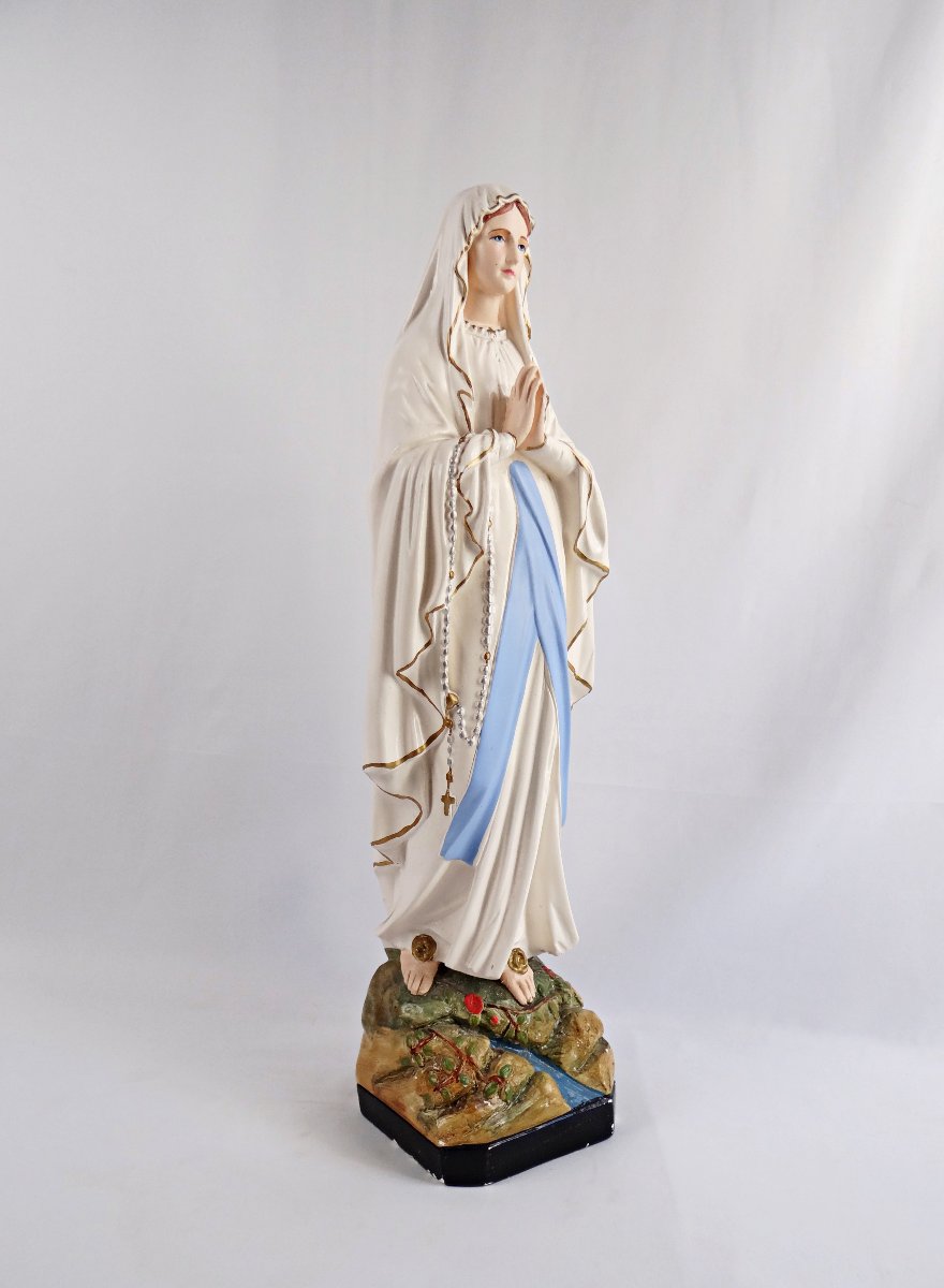 Statue Art Deco Notre-Dame de Lourdes en plâtre polychrome signée Alban Pene-photo-6