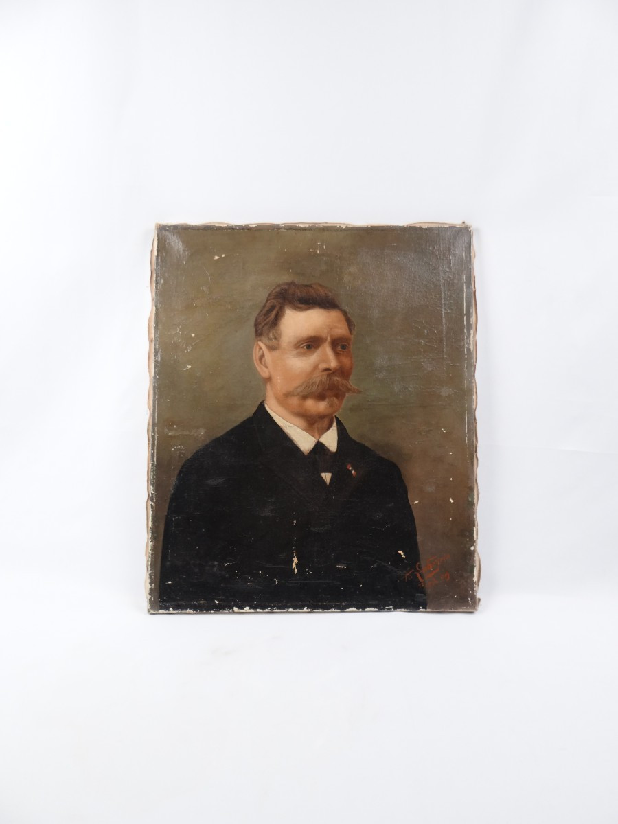French Oil On Canvas Portrait Of A Moustachioed Man Signed H. Labeyrie Early 20th Century