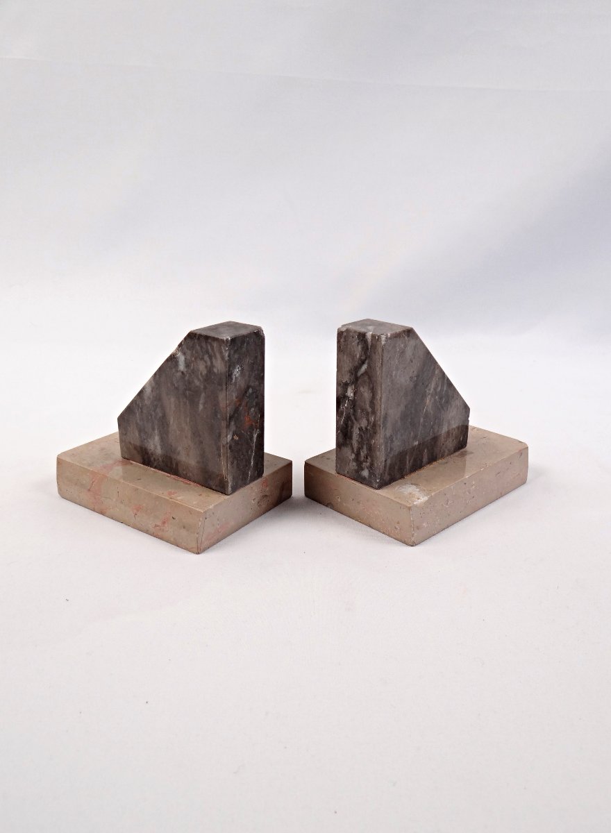 Pair Of Geometric Art Deco Bookends In Black & Beige Veined Marble, Early 20th Century-photo-4