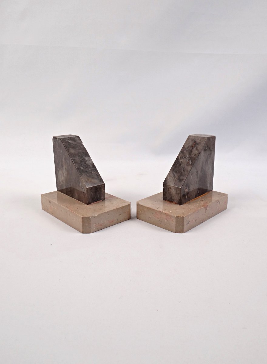 Pair Of Geometric Art Deco Bookends In Black & Beige Veined Marble, Early 20th Century-photo-4