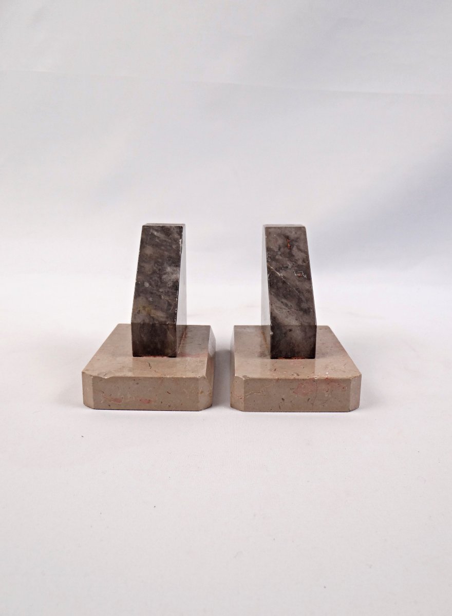 Pair Of Geometric Art Deco Bookends In Black & Beige Veined Marble, Early 20th Century-photo-5