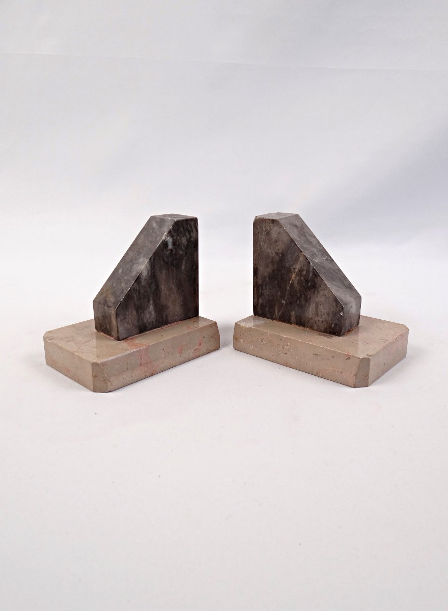 Pair Of Geometric Art Deco Bookends In Black & Beige Veined Marble, Early 20th Century-photo-6
