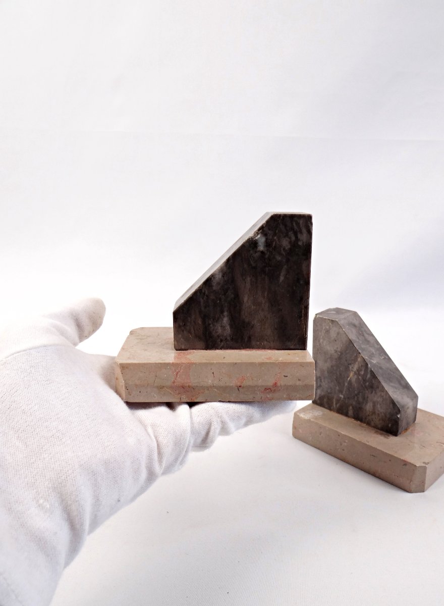Pair Of Geometric Art Deco Bookends In Black & Beige Veined Marble, Early 20th Century-photo-7
