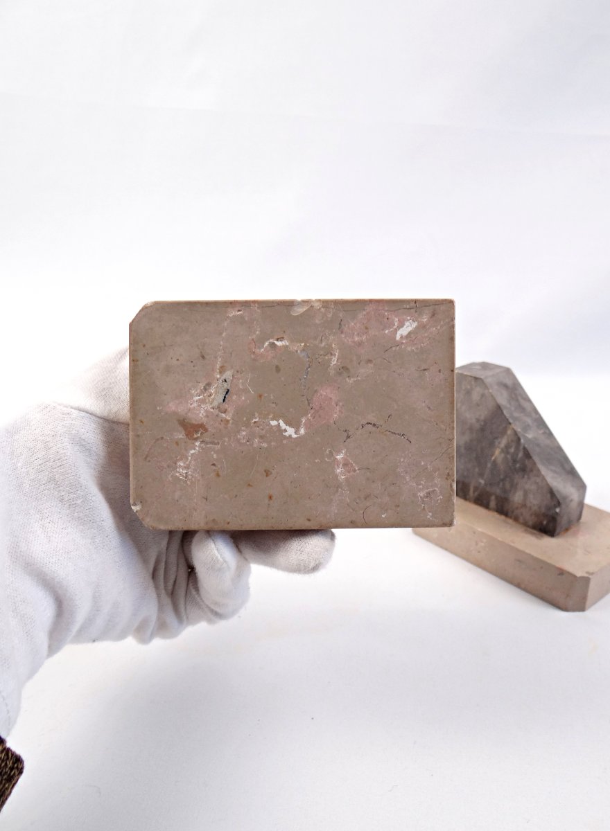 Pair Of Geometric Art Deco Bookends In Black & Beige Veined Marble, Early 20th Century-photo-8