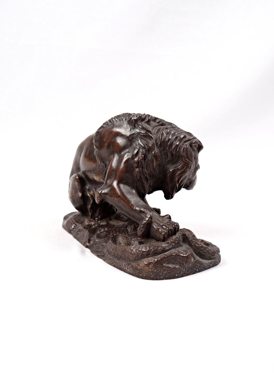 Sculpture en bronze lion au serpent dans le goût d'Antoine Louis Barye XIXe-photo-3