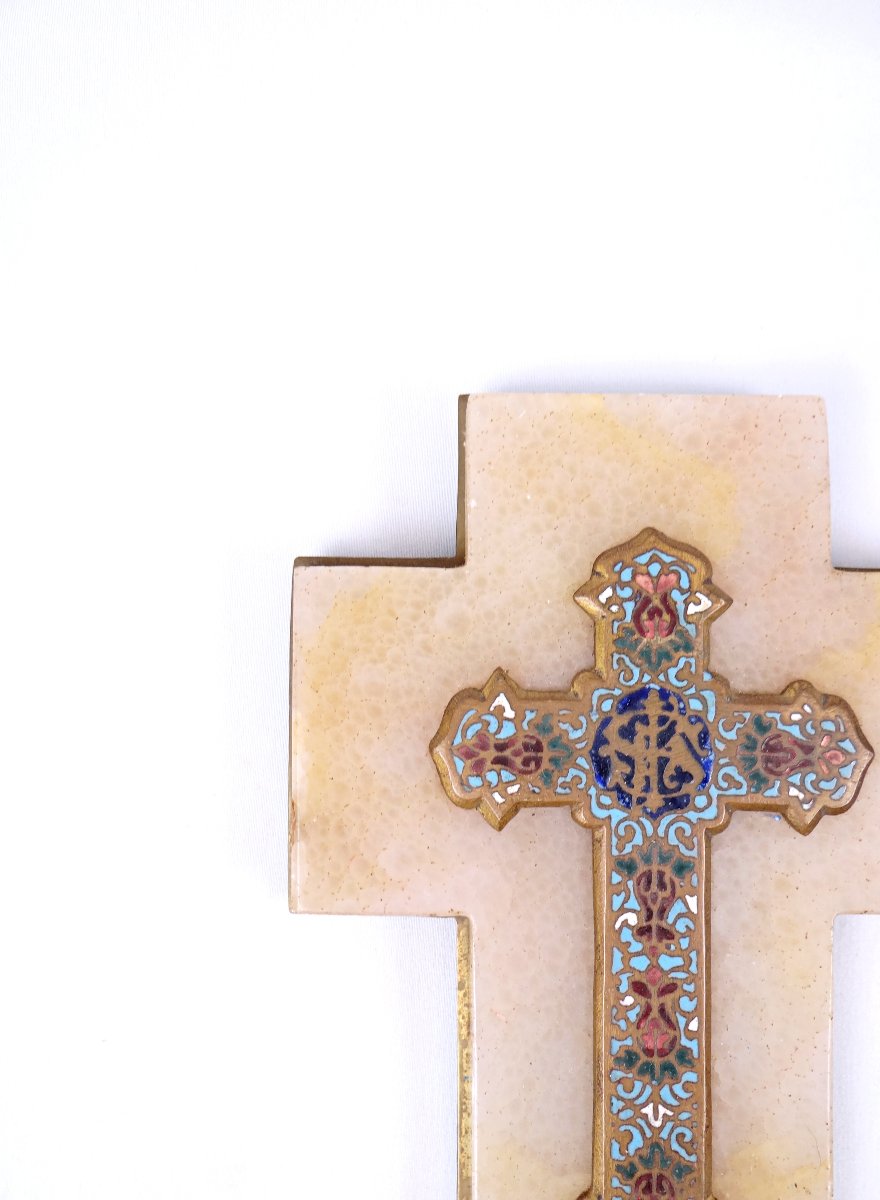 Bénitier crucifix XIXe en onyx, bronze doré & émaux cloisonnés-photo-2