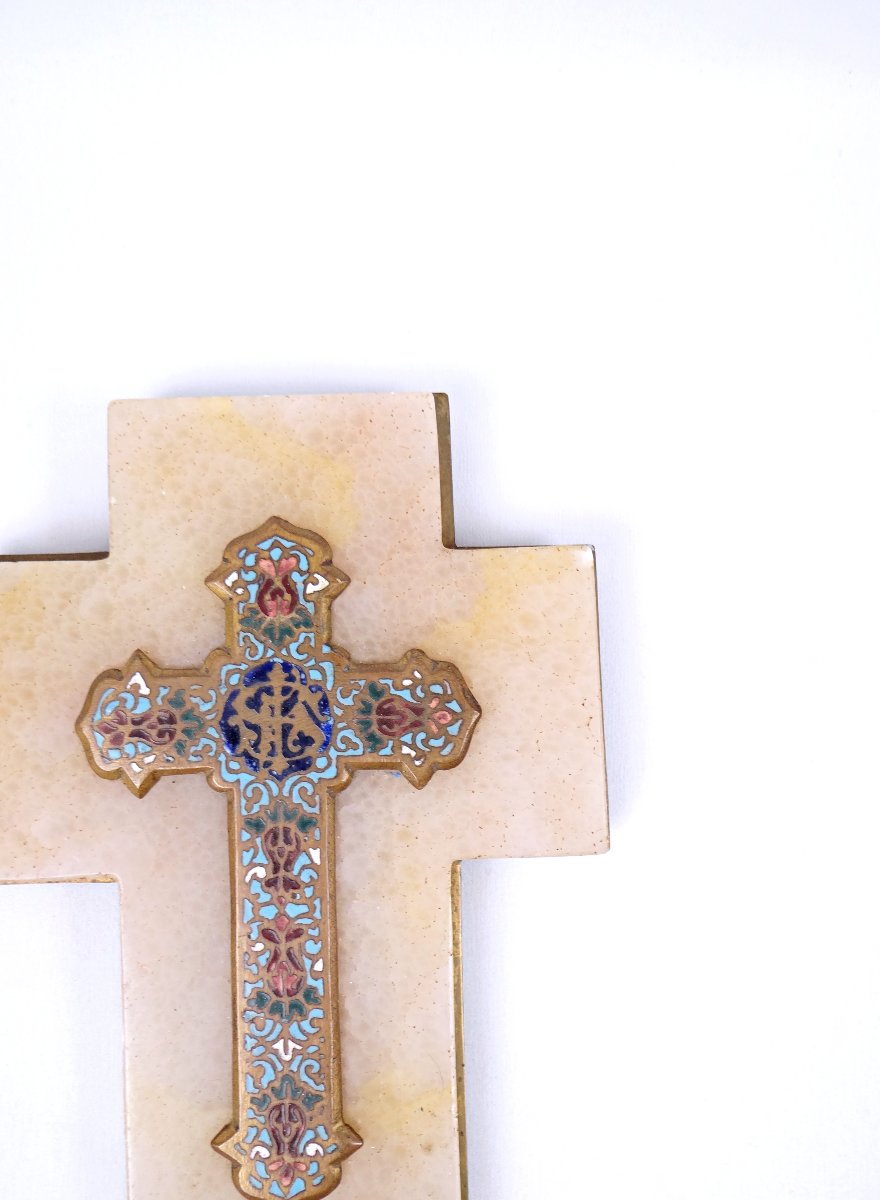 Bénitier crucifix XIXe en onyx, bronze doré & émaux cloisonnés-photo-3