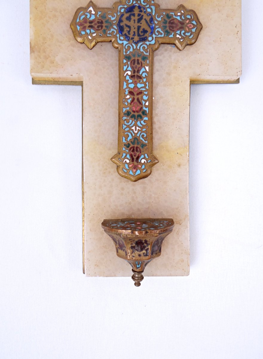 Bénitier crucifix XIXe en onyx, bronze doré & émaux cloisonnés-photo-1