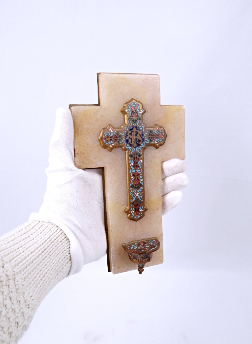 Bénitier crucifix XIXe en onyx, bronze doré & émaux cloisonnés-photo-2