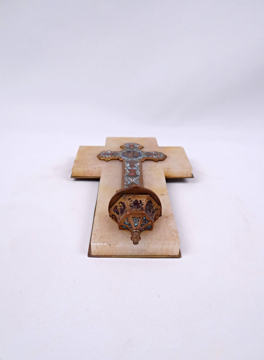 Bénitier crucifix XIXe en onyx, bronze doré & émaux cloisonnés-photo-5
