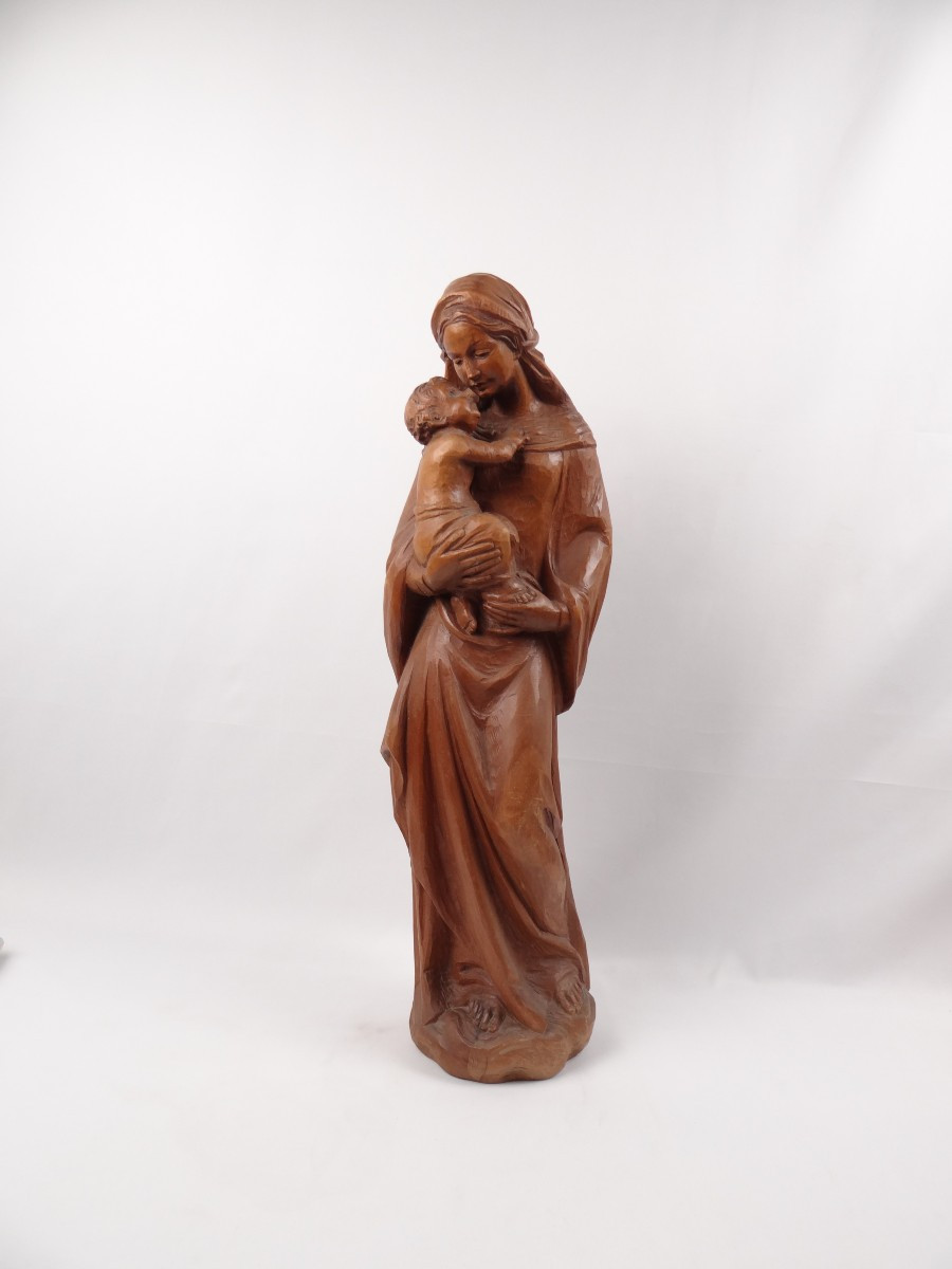 Vierge à l'Enfant en bois de tilleul sculpté Allemand Art religieux du Tyrol milieu XXe