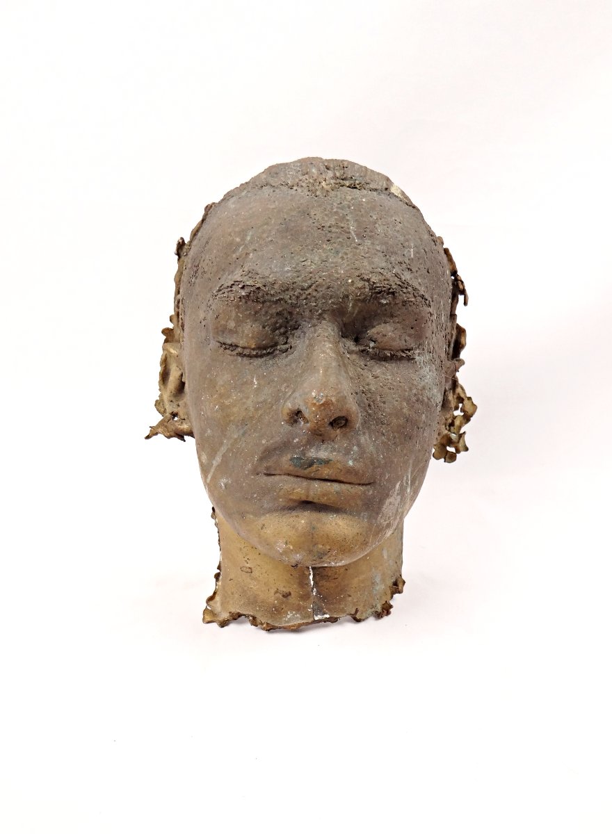 Masque mortuaire en bronze massif d'un beau jeune homme par Benoist 1990 cabinet de curiosité -photo-4