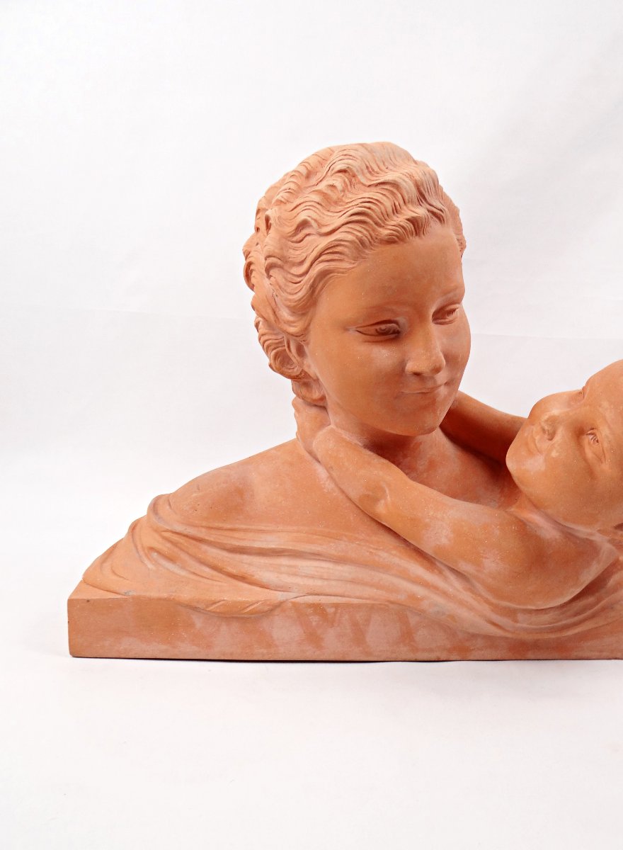 Groupe Art Déco d'une mère & son enfant terre cuite signée Ugo Cipriani début XXe-photo-2