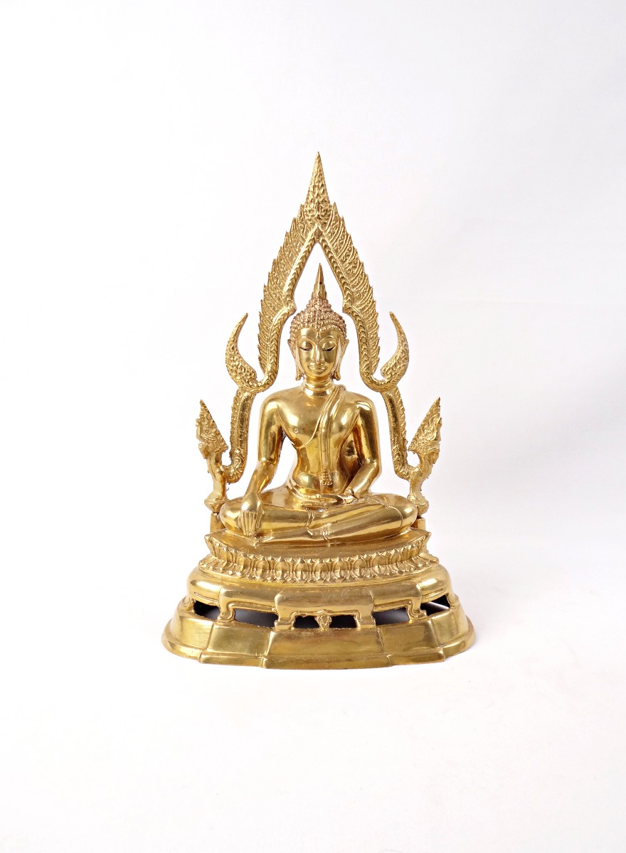 Buddha Shakyamuni Phra Phuttha Chinnarat Gilt Bronze Sculpture Thailand Mid 20th Century