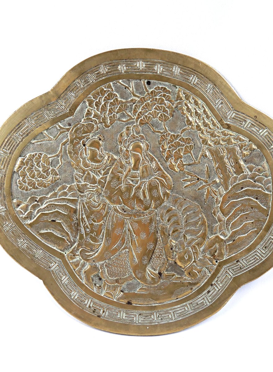 Plaque ornementale en bronze doré scène de couple mythologique Indochine fin XIXe-photo-3