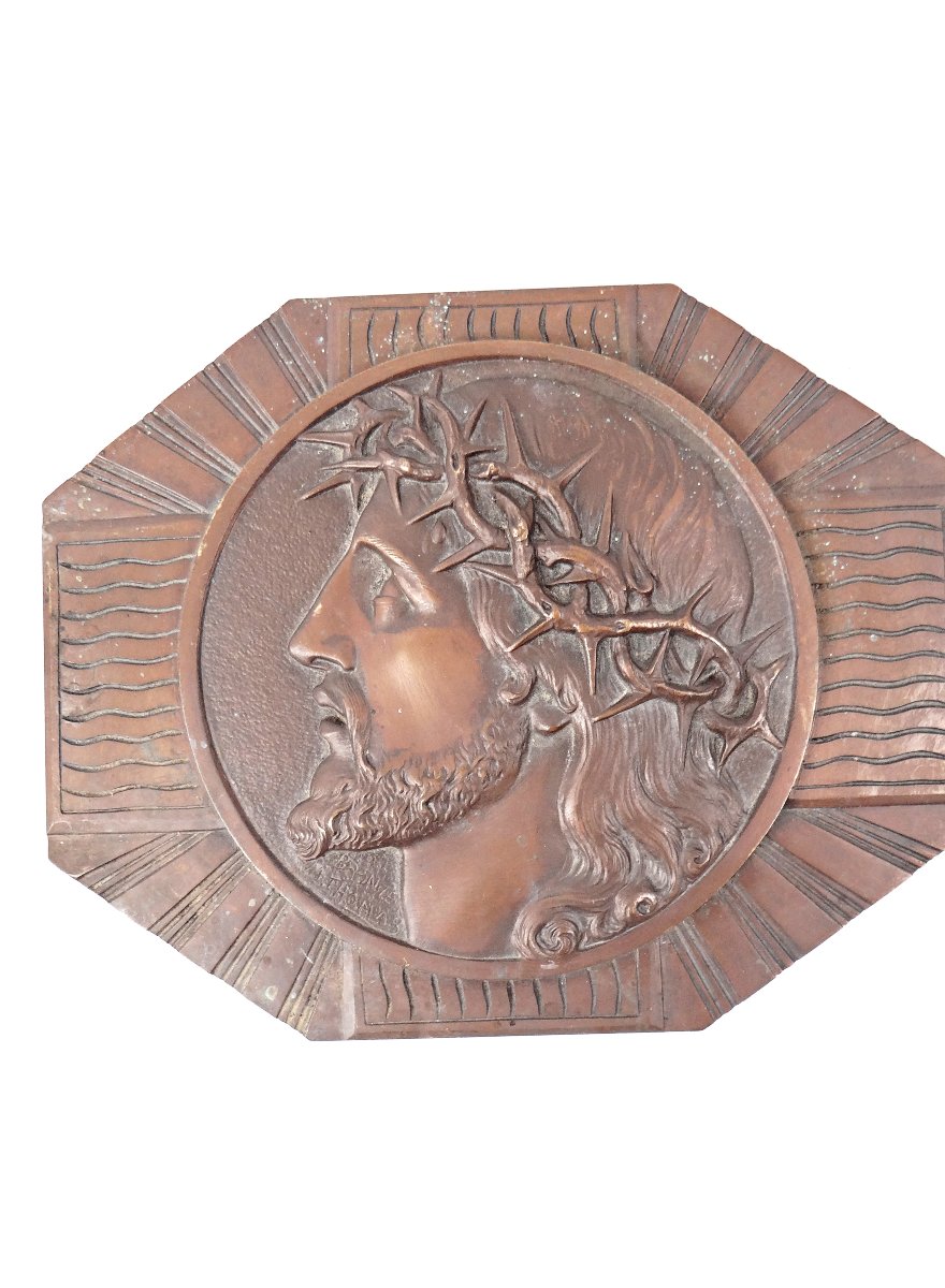 Plaque murale Art Déco en bronze du Christ couronne d'épines signée M Thomas début XXe-photo-3