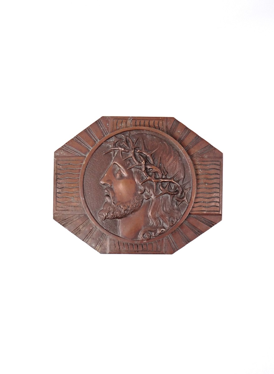 Plaque murale Art Déco en bronze du Christ couronne d'épines signée M Thomas début XXe
