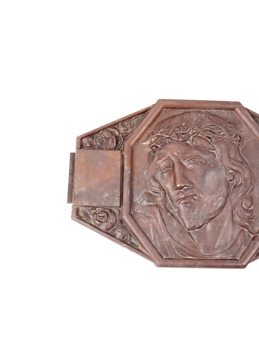 Plaque murale Art Déco bronze du Christ couronne d'épines signée M Thomas début XXe-photo-2