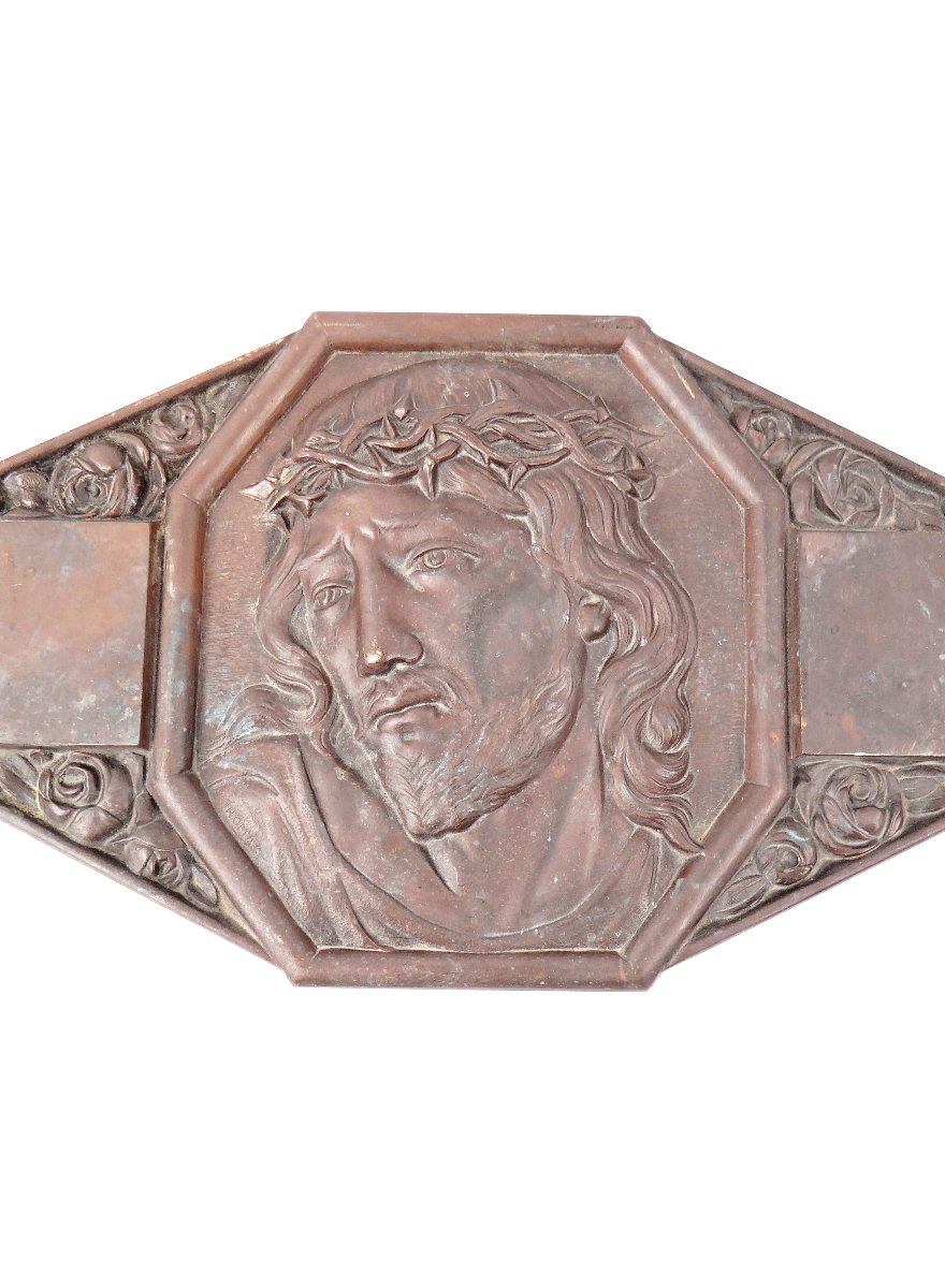 Plaque murale Art Déco bronze du Christ couronne d'épines signée M Thomas début XXe-photo-3