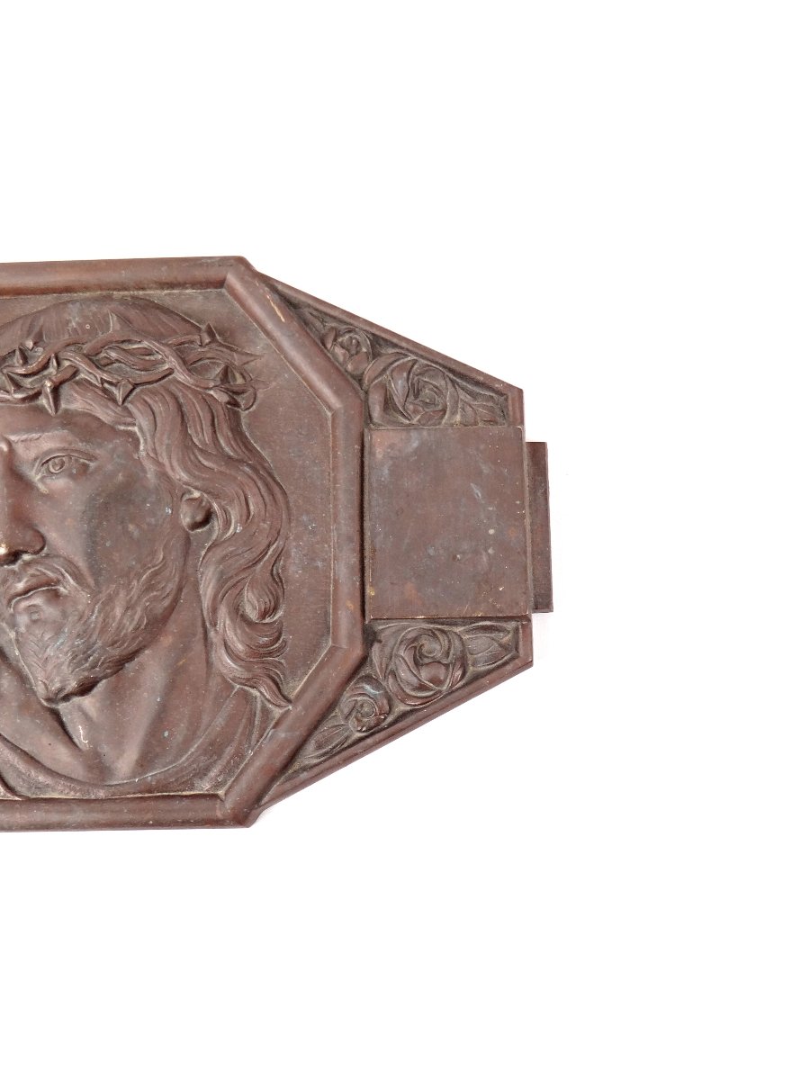 Plaque murale Art Déco bronze du Christ couronne d'épines signée M Thomas début XXe-photo-4