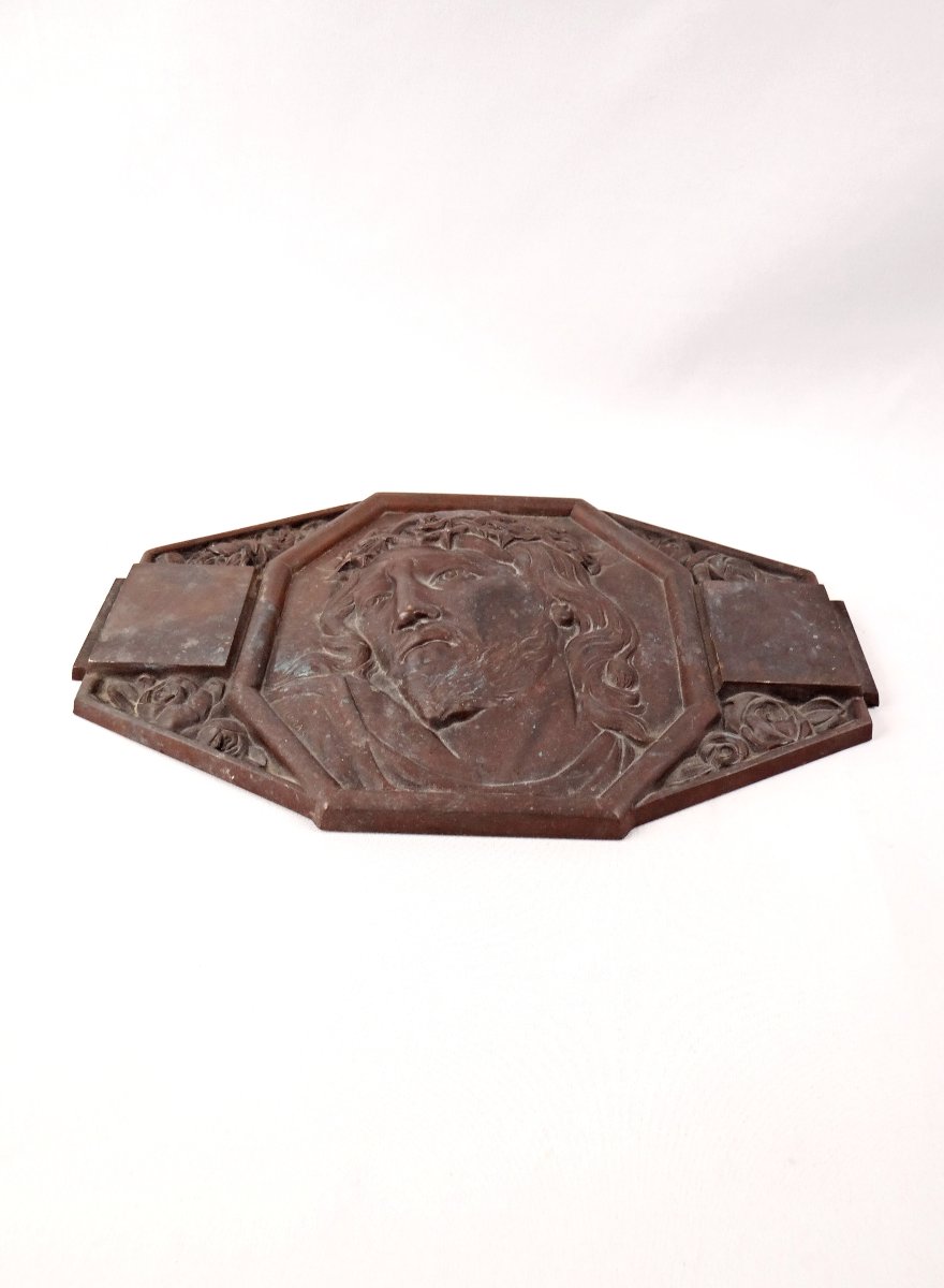 Plaque murale Art Déco bronze du Christ couronne d'épines signée M Thomas début XXe-photo-1