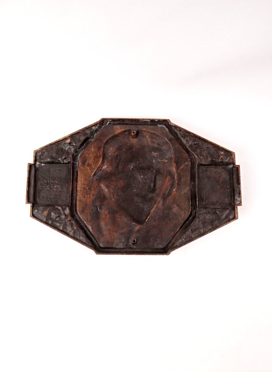 Plaque murale Art Déco bronze du Christ couronne d'épines signée M Thomas début XXe-photo-2