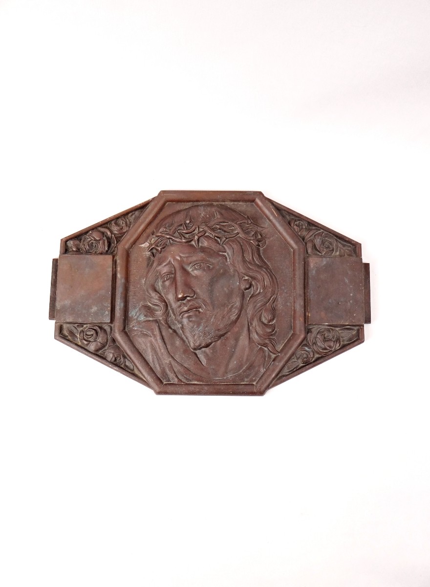 Plaque murale Art Déco bronze du Christ couronne d'épines signée M Thomas début XXe