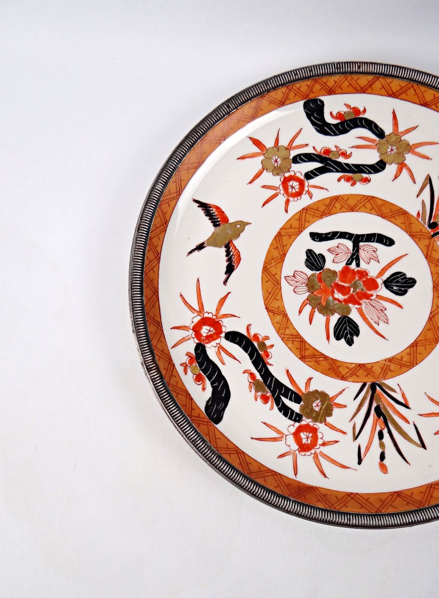 Large Porcelain Dish In The Imari Style With Solid Silver Outline, Late 19th Century-photo-2