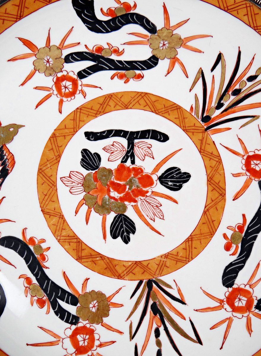 Large Porcelain Dish In The Imari Style With Solid Silver Outline, Late 19th Century-photo-3