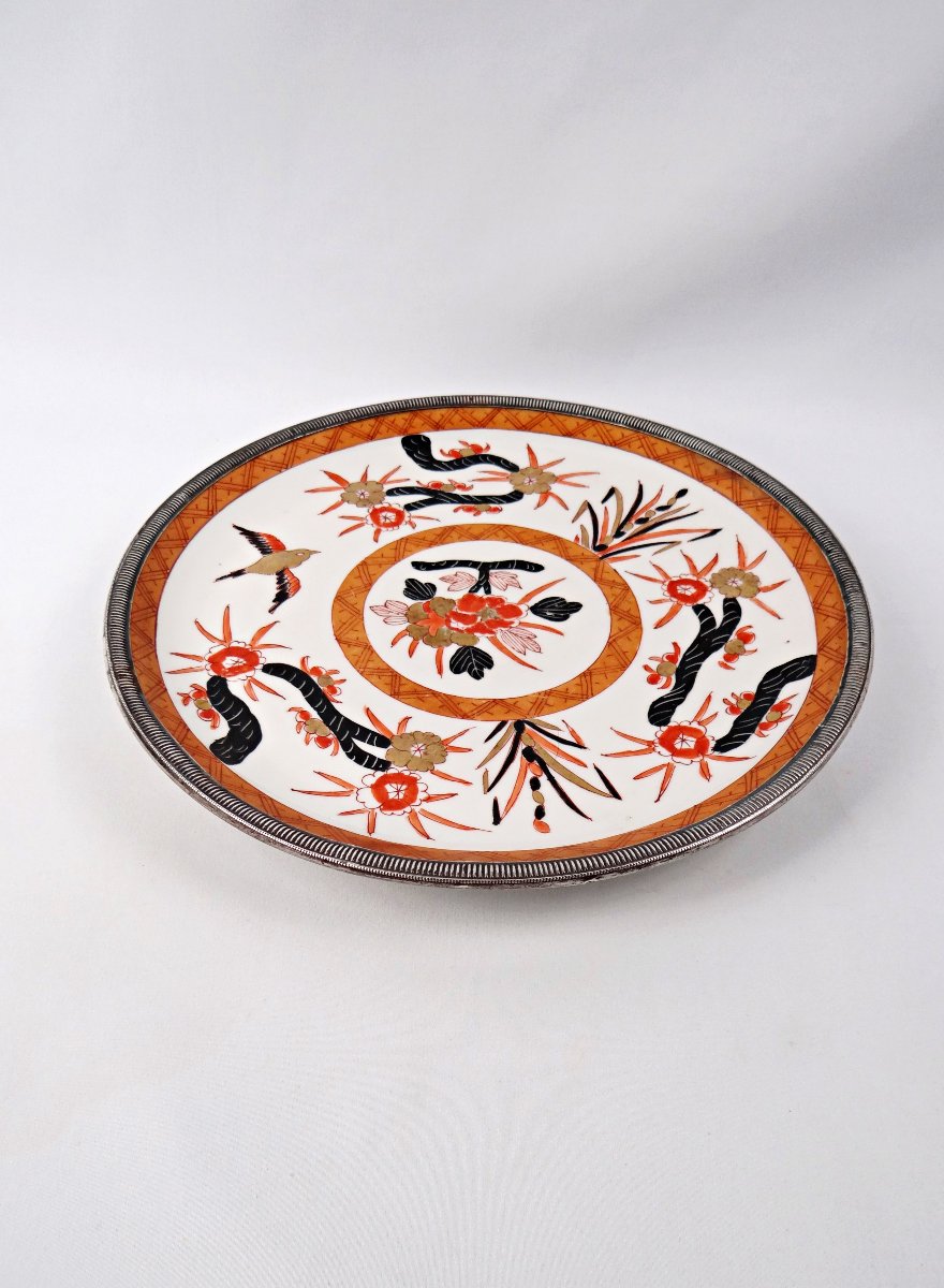 Large Porcelain Dish In The Imari Style With Solid Silver Outline, Late 19th Century-photo-1