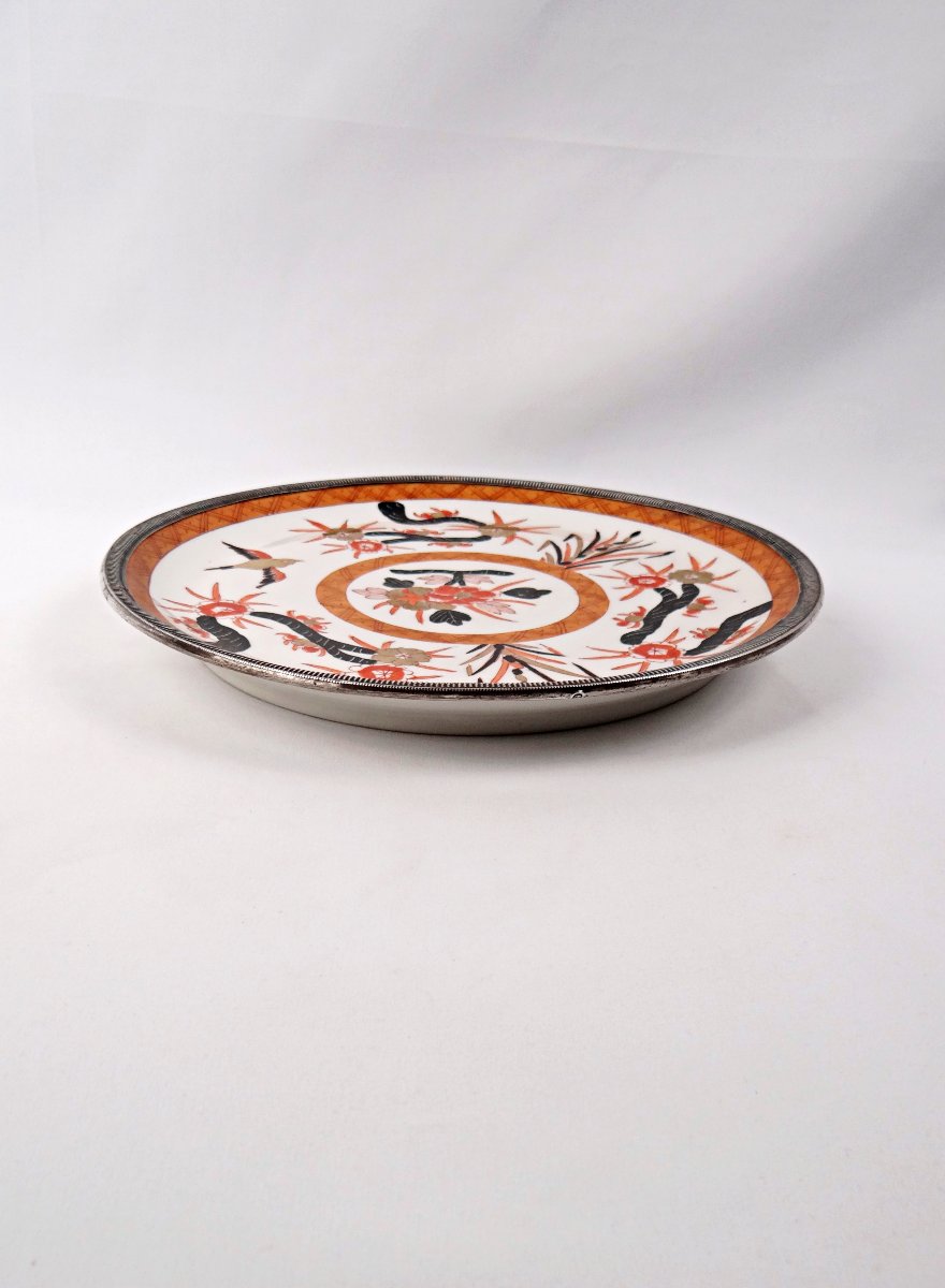 Large Porcelain Dish In The Imari Style With Solid Silver Outline, Late 19th Century-photo-2