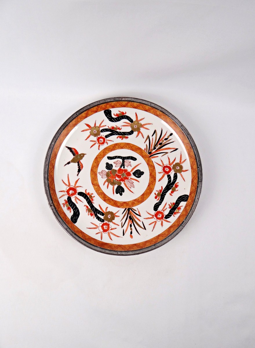 Large Porcelain Dish In The Imari Style With Solid Silver Outline, Late 19th Century