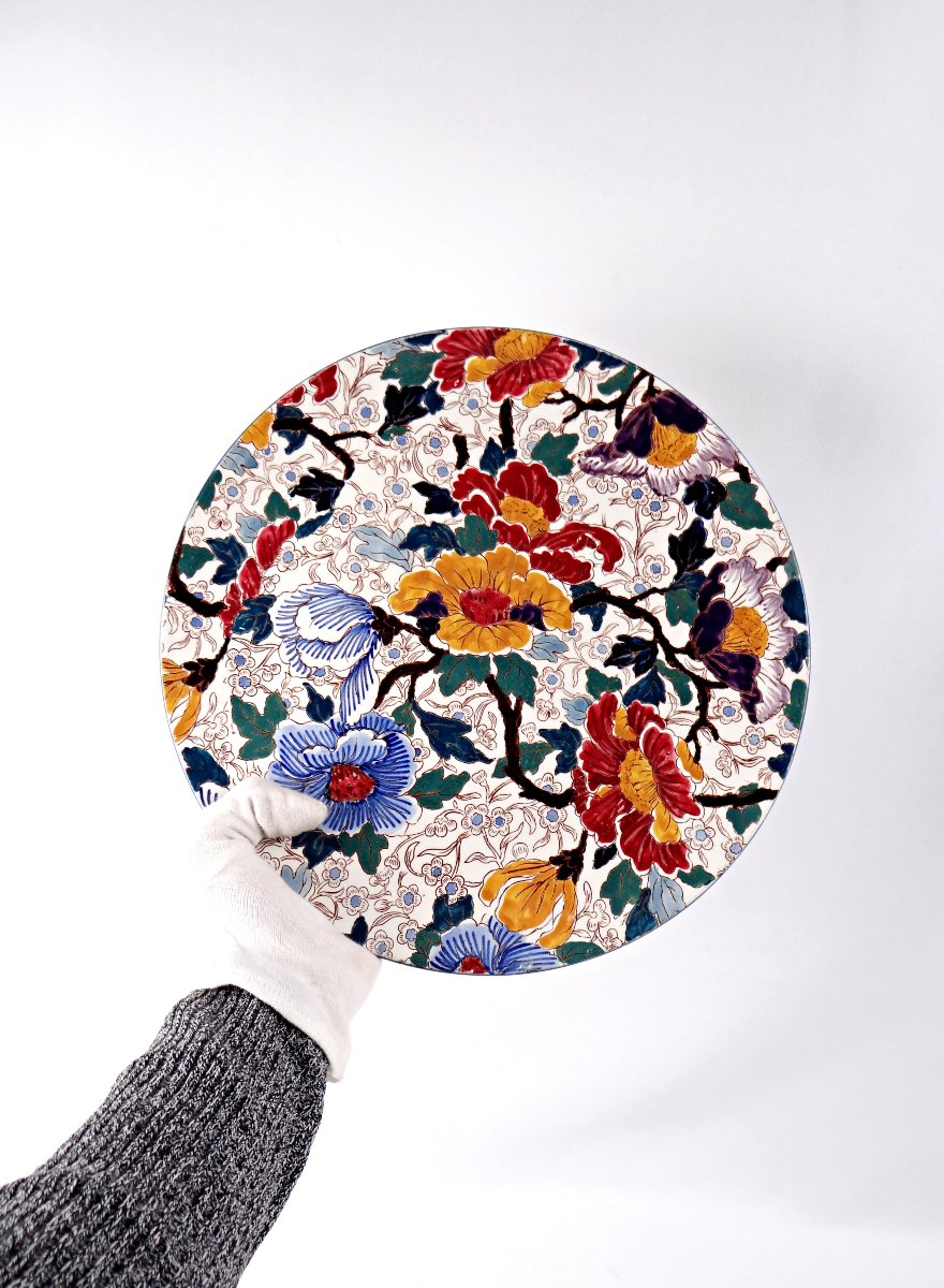 Circular Pie Dish In Gien Earthenware, Polychrome Decoration, Peony Pattern, Late 19th Century-photo-2