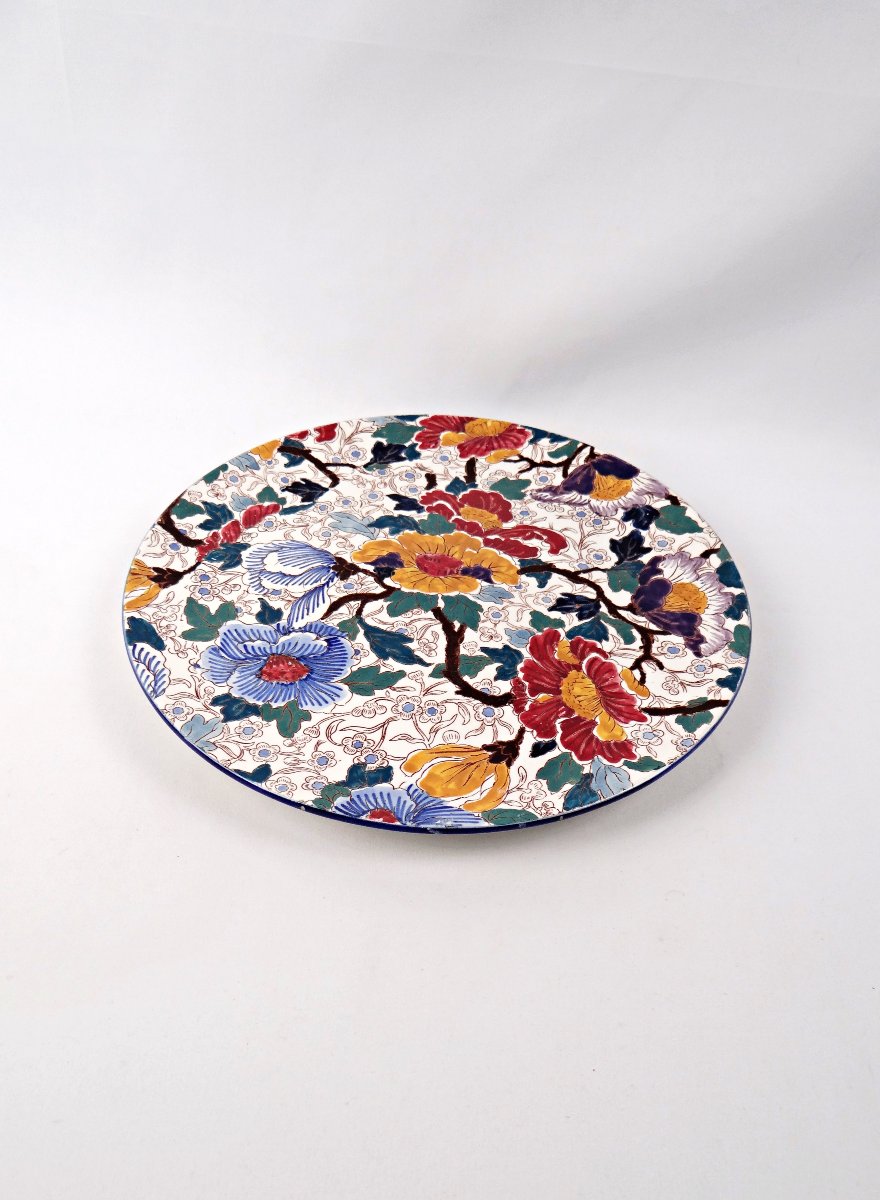 Circular Pie Dish In Gien Earthenware, Polychrome Decoration, Peony Pattern, Late 19th Century-photo-3