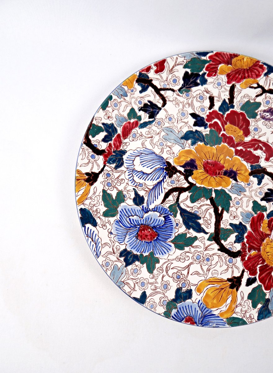 Circular Pie Dish In Gien Earthenware, Polychrome Decoration, Peony Pattern, Late 19th Century-photo-4
