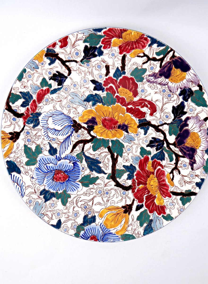 Circular Pie Dish In Gien Earthenware, Polychrome Decoration, Peony Pattern, Late 19th Century-photo-1