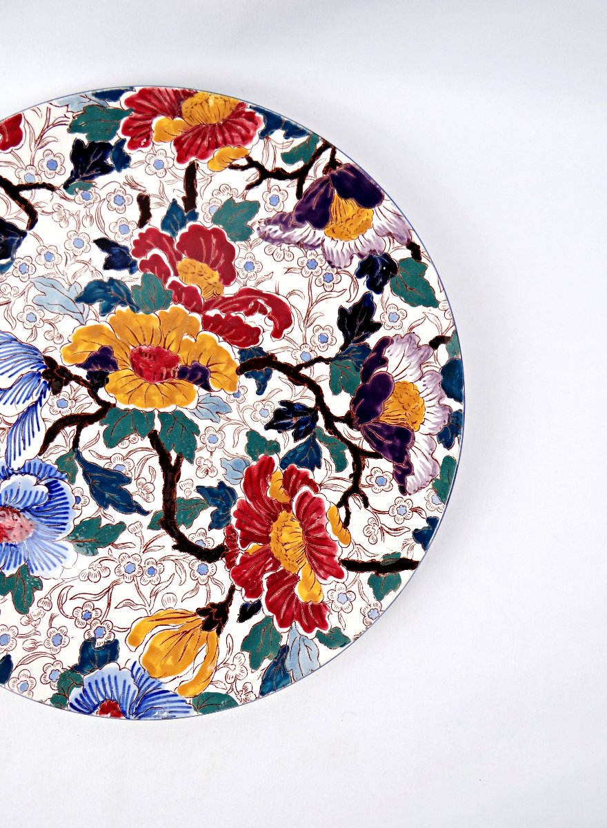 Circular Pie Dish In Gien Earthenware, Polychrome Decoration, Peony Pattern, Late 19th Century-photo-2